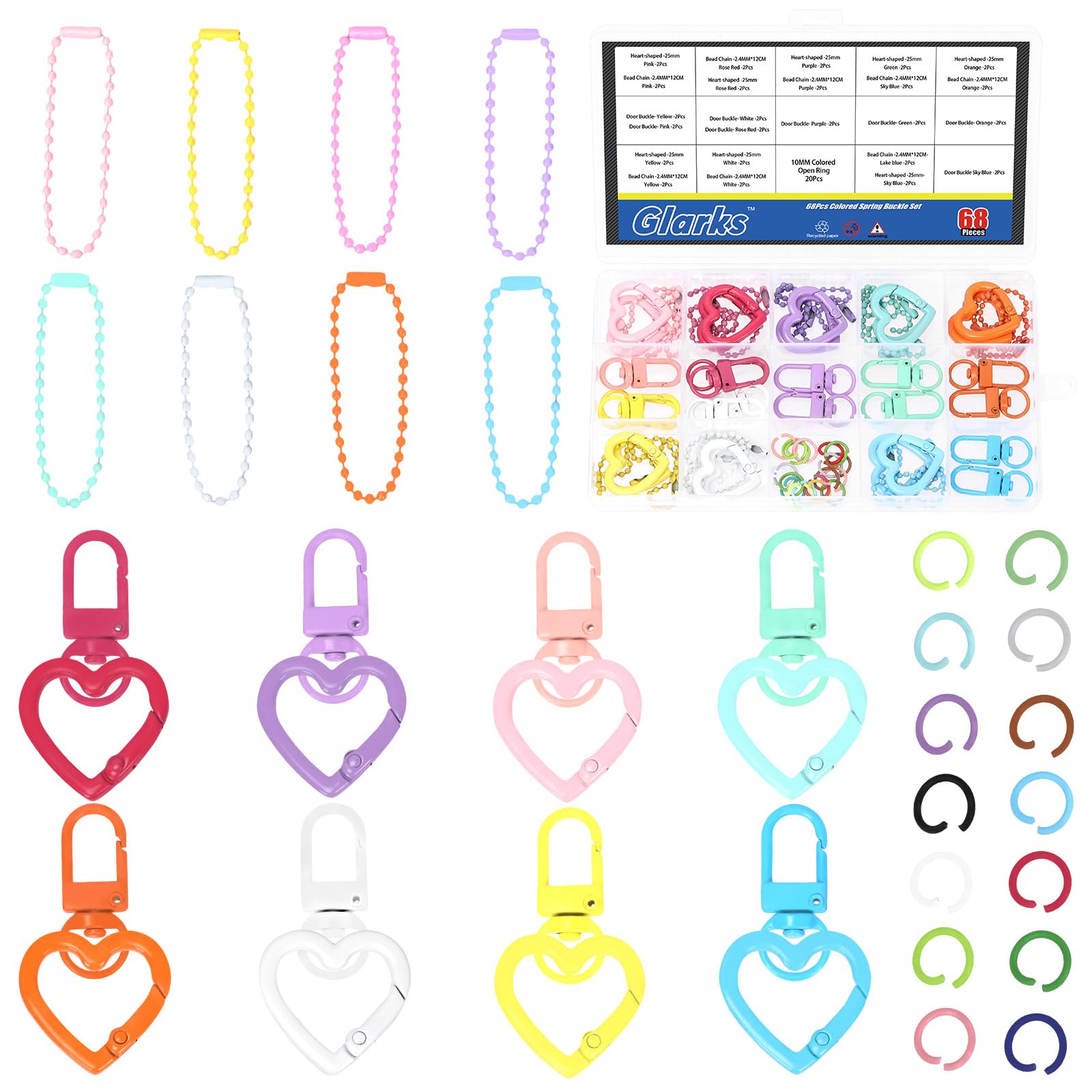 Glarks 68pcs 26mm Heart Shape Carabiner Clip and Swivel Lobster Claw Clasp Kit, 16pcs 8 Colors Heart Shaped Keychain Clip 16pcs Swivel Lanyard Snap Hook Clip,Ball Bulk Chain 20pcs Open Jump Ring