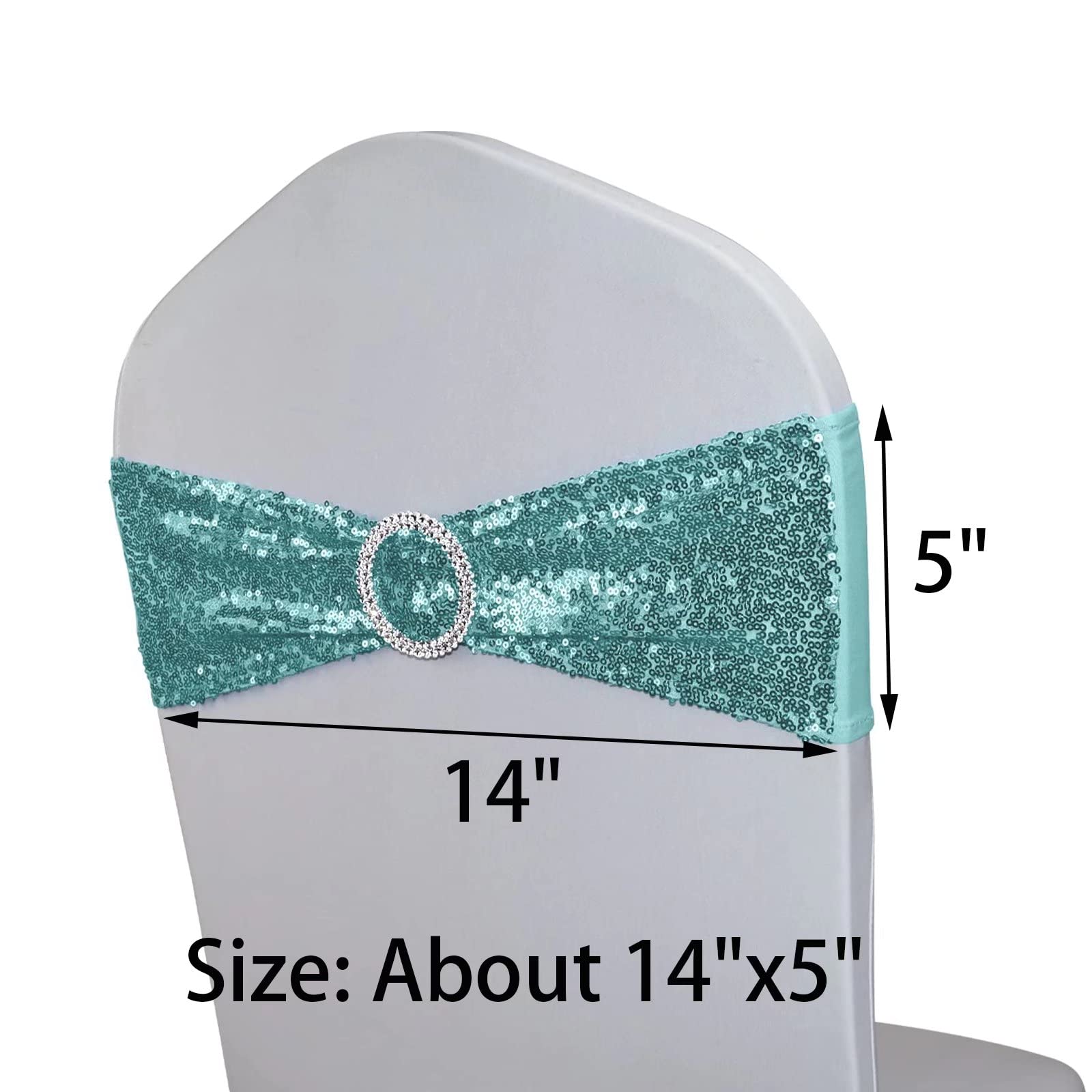 MYS QiQi Pack of 10 Stretch Sequin Chair Sashes, One-Sided Sequin with Buckle, for Wedding Party Chair Cover Decoration, Stretch Spandex Chairs Bands (10 PCS Cyan Blue)