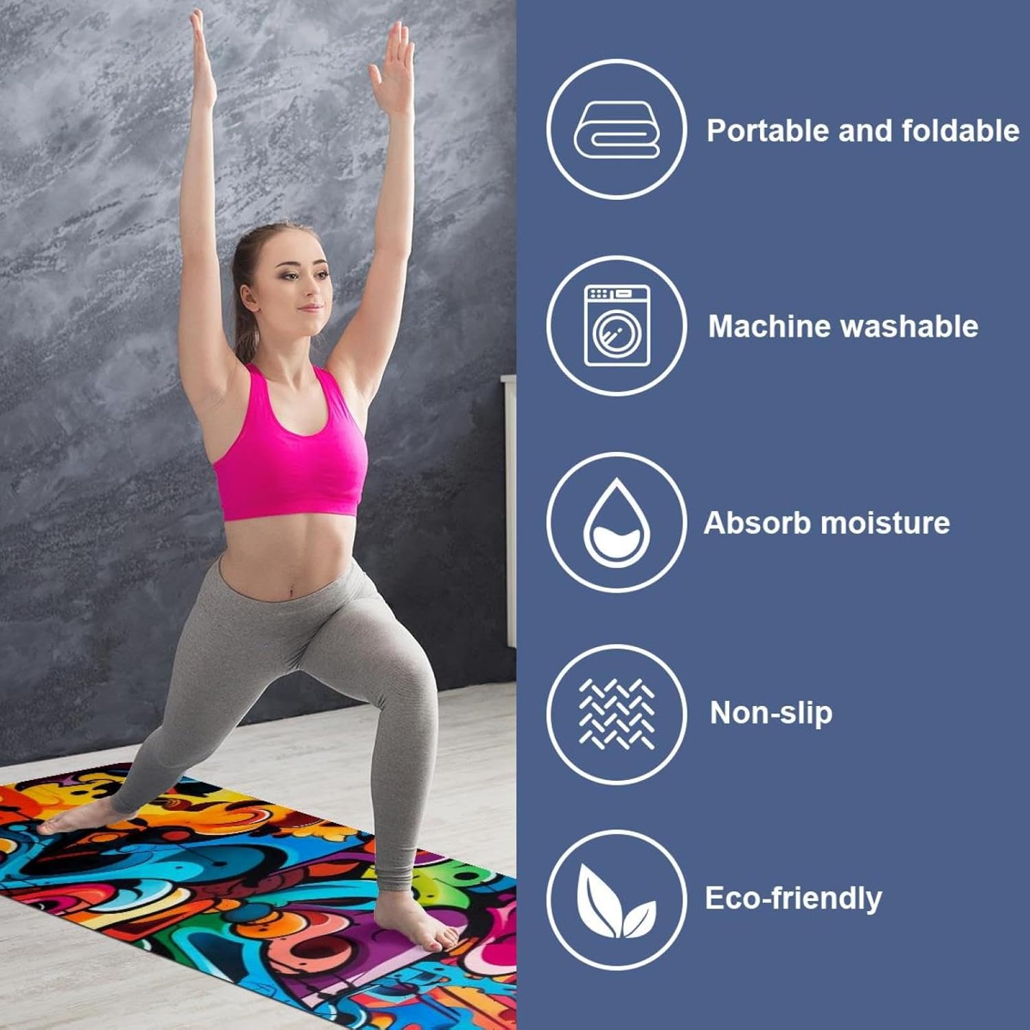 Yoga Towel, Colorful Graffiti Pattern Non Slip Sweat Absorbent Hot Yoga Mat Towel for Hot Yoga, Pilates and Fitness - 72.8" x 26.8"