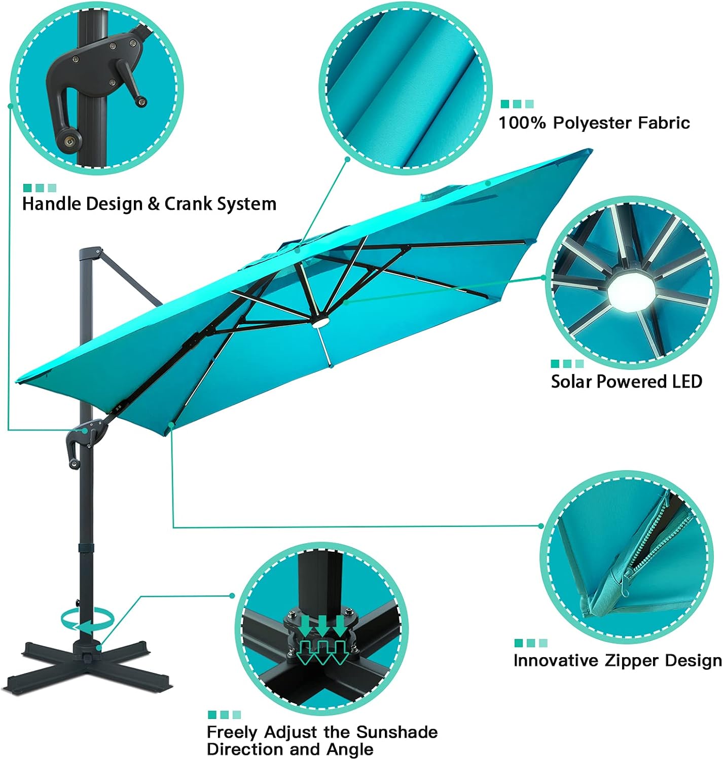 Sunnyglade 10x13ft Solar Powered LED Cantilever Patio Umbrella Square Deluxe Offset Umbrella 360°Rotation & Integrated Tilting System & LED lights for Market Garden Deck Pool Backyard Patio