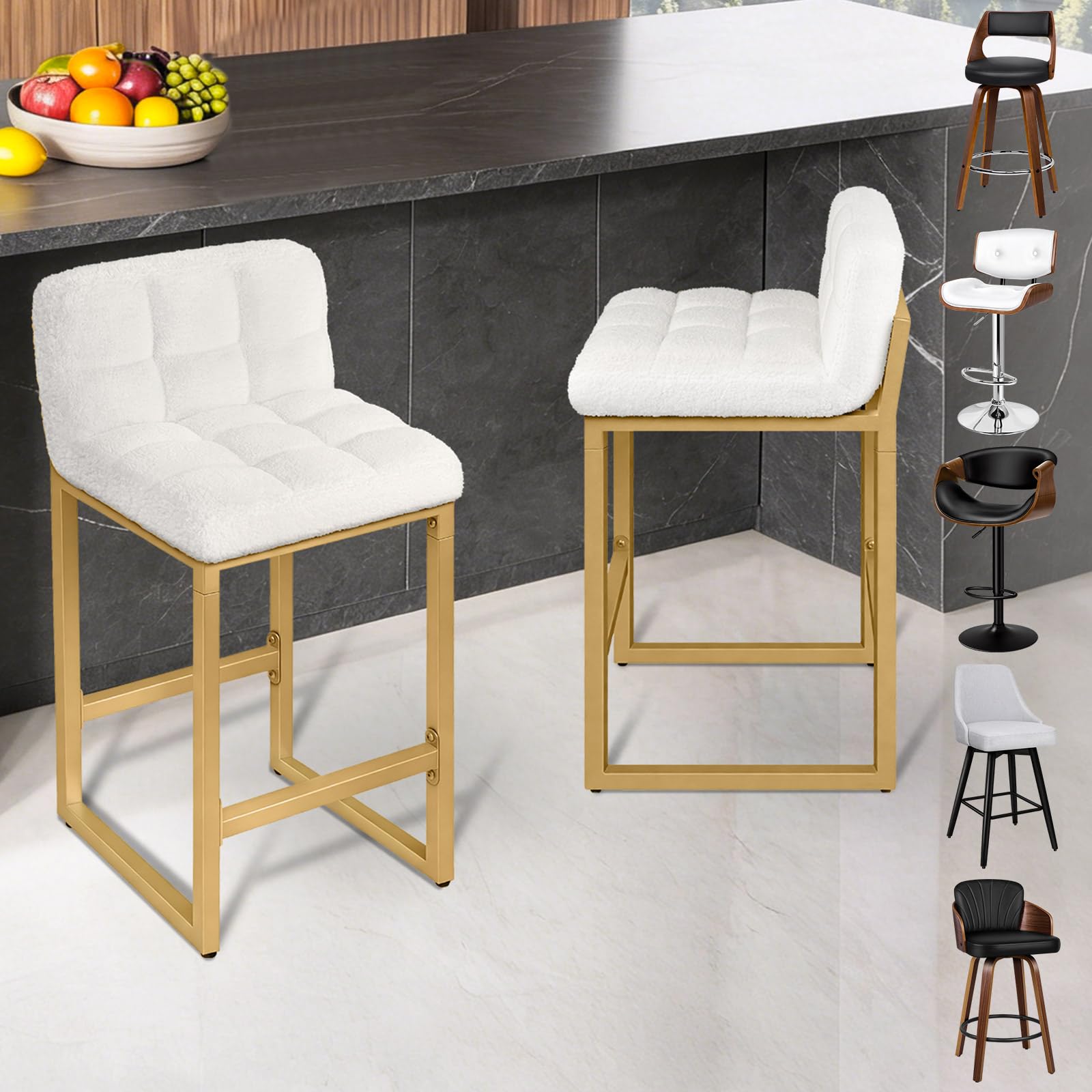 ALFORDSON 65CM Counter Height Bar Stools Set of 2, Golden Metal Frame Barstools with Low Back and Footrest, Modern Boucle Upholstered Bar Chairs for Kitchen Island, Bar, Cafe, Restaurant, Beige