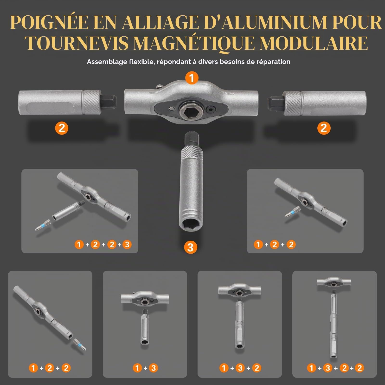 42 en 1 Ensemble de tournevis magnétique, jeu de tournevis cliquet avec 40 embouts, manche T à rotation réglable, kit d'outils pour meubles, vélo, ordinateur, électronique