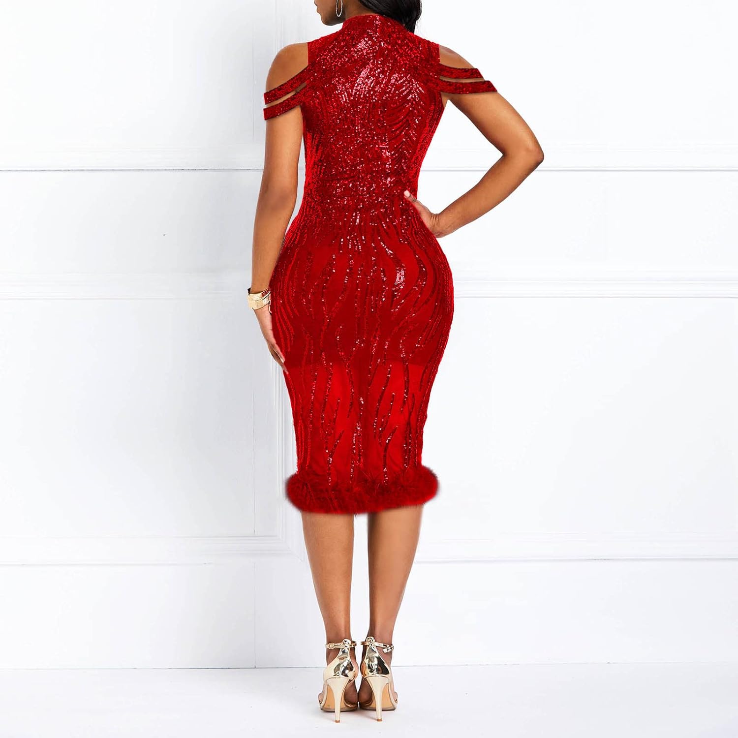 VERWIN Sequins Patchwork Bodycon Dress Women's Long Sleeve Dress Elegant Dress Plume Maxi Dress Party Dress