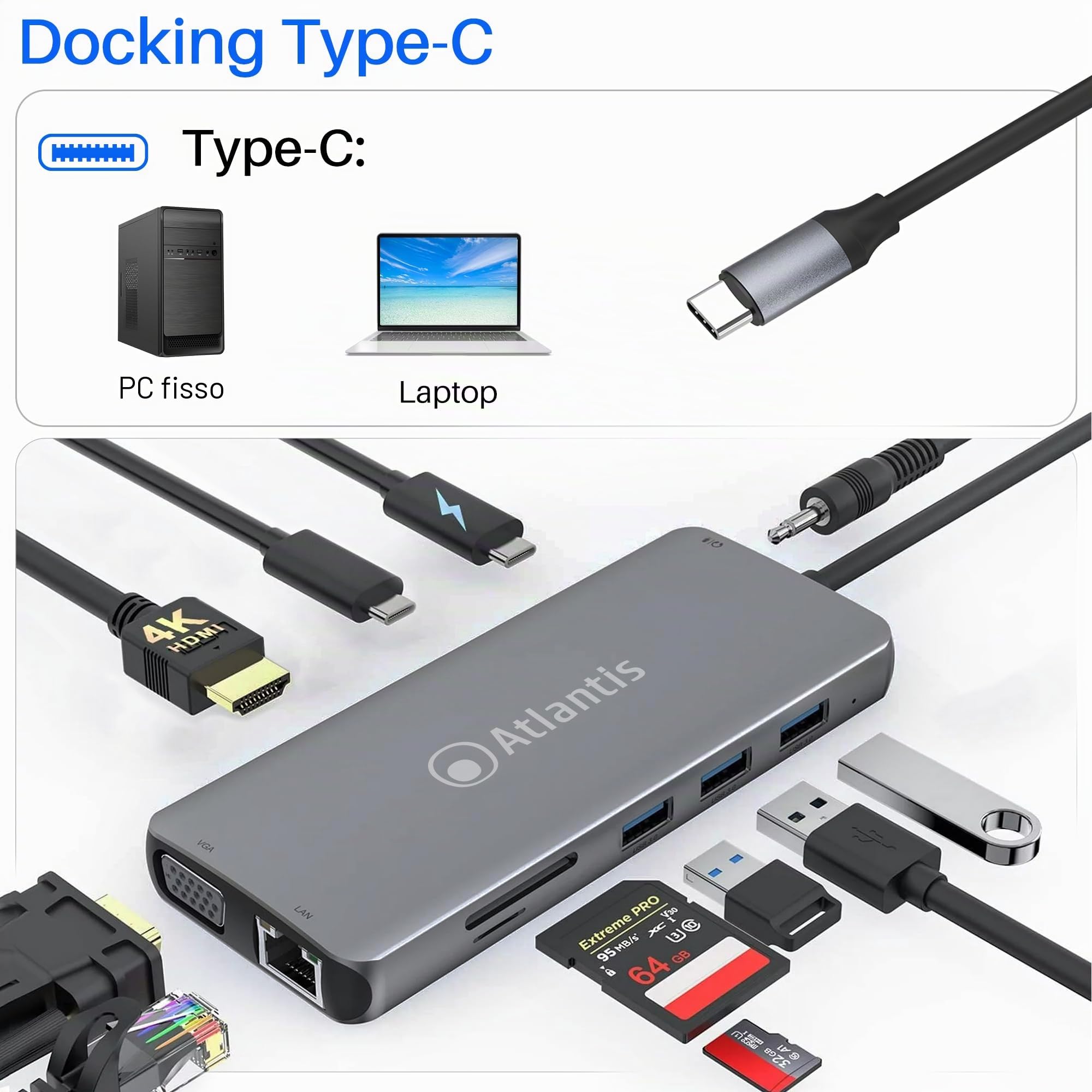 Atlantis Docking Station USB-C con HDMI 4K, VGA e LAN Gigabit, PD 85W | 3porte USB 3.0, 1 porta USB-C, audio IN/OUT 3,5 mm, lettore schede, cavo 18 cm, per notebook, cod. A04-TC_DK46