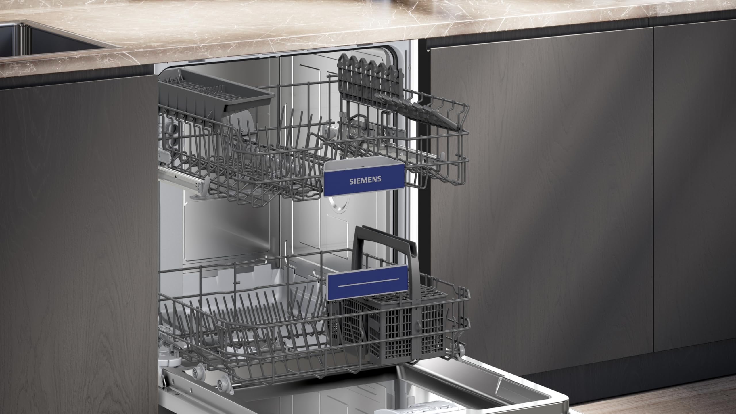Siemens SN63HX03TE iQ300, lavavajillas totalmente integrado, 60 cm, cesta para cubiertos, smartStart, asistente de programa, cesta superior regulable en altura, rendimiento higiénico confirmado