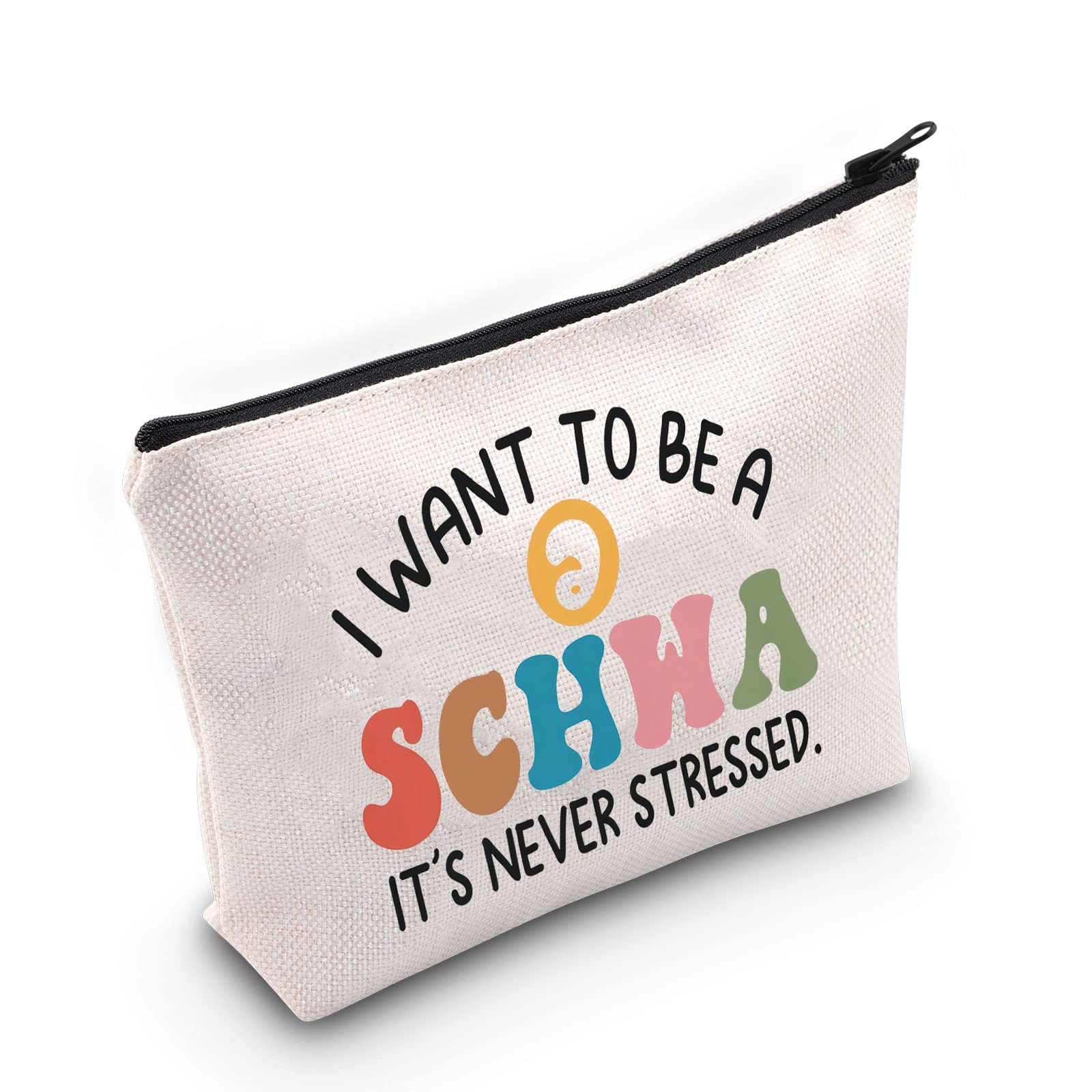 BLUPARK Bolsa de maquillaje para profesor, regalo para profesor, bolsa de lectura, regalo para profesor, especialista en lectura, regalo SLP para terapeuta del habla, Blanco apagado, Bolsa Schwa