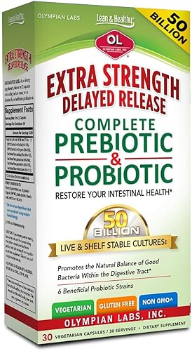 Olympian Labs Suplemento prebiótico y probiótico completo extra fuerte  50 mil millones de cultivos vivos estables  30 cápsulas vegetarianas