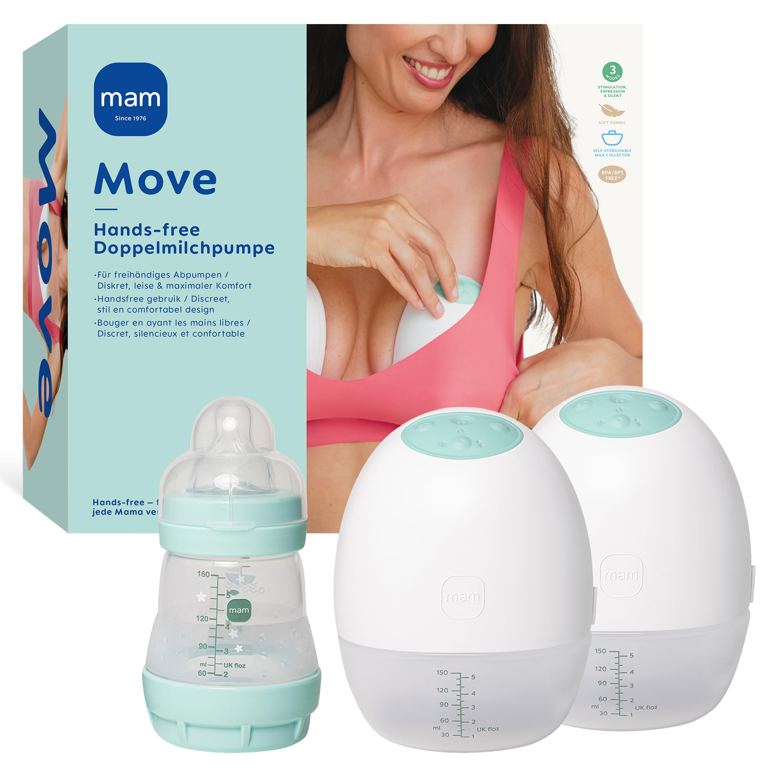 MAM Move Doppelmilchpumpe Elektrisch | Handsfree ohne Schläuche oder Kabel | Passt dank Schlankem Design in Jeden BH | mit 3 Modi für Effizientes & Diskretes Abpumpen
