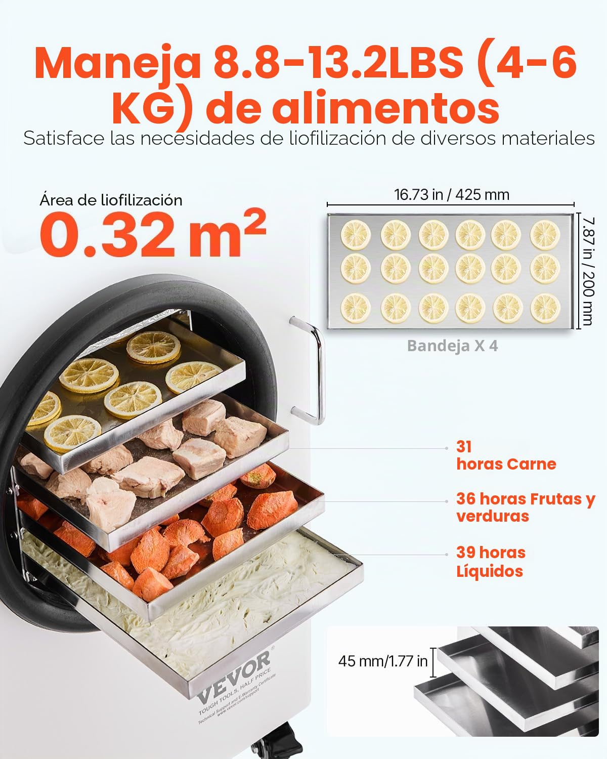 VEVOR Secadora por Congelación al Vacío Máquina de Secado por Congelación 4-6 kg Bandejas de 4 Capas Bomba de Vacío Temporizador Ajustable y Control de Temperatura para Frutas, Verduras, Blanco