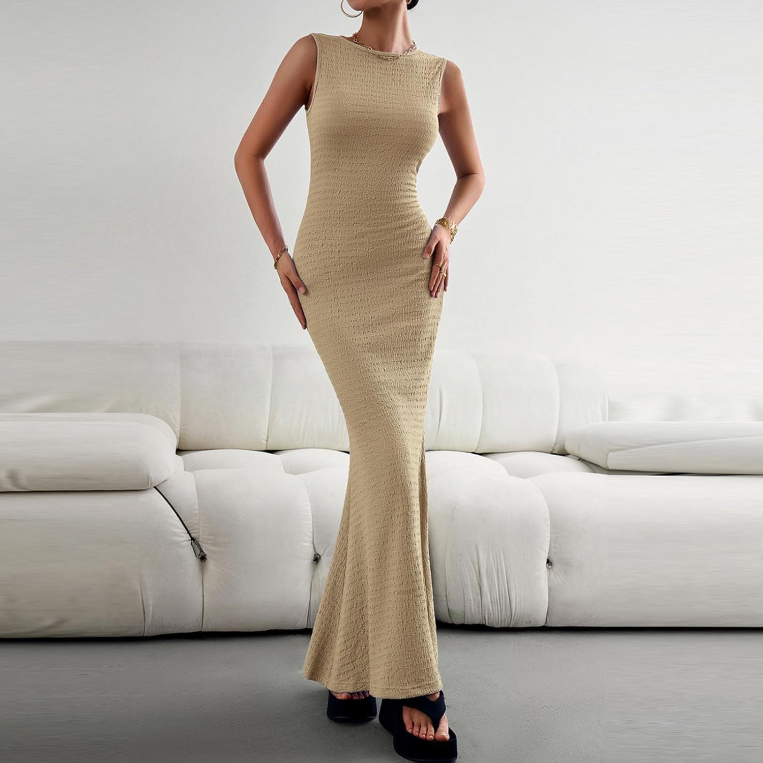 Women's Sleeveless Bodycon Maxi Dress Round Neck Textured Mermaid Dresses Formal Evening Club Dress 2026