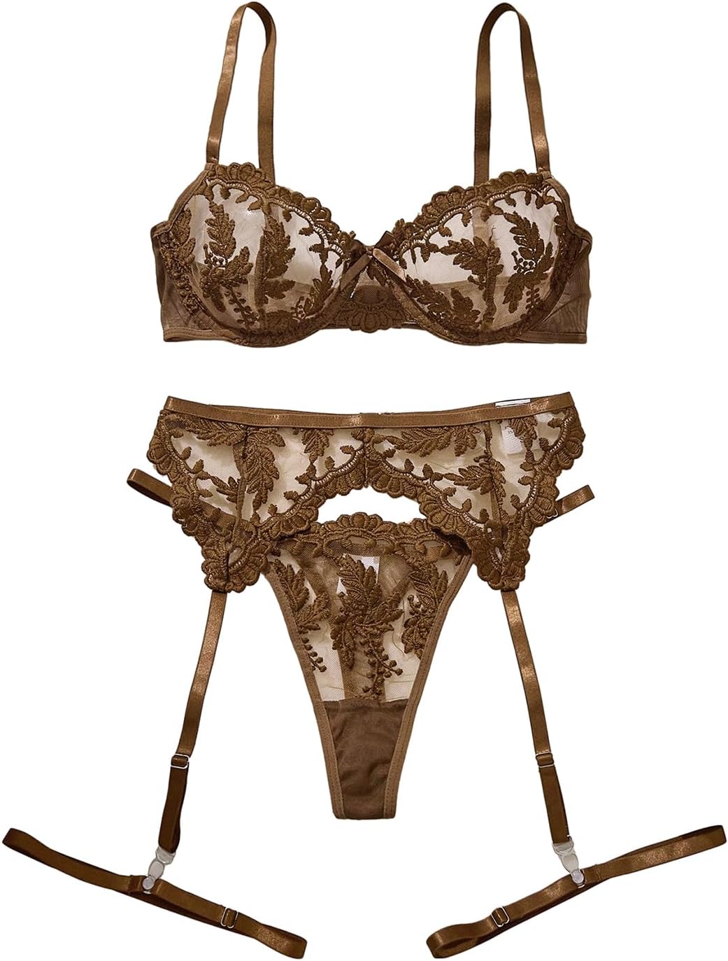 Lilosy Sexy Leaf Floral Embroidered Mesh Sheer Women Underwire Push Up Lingerie Set
