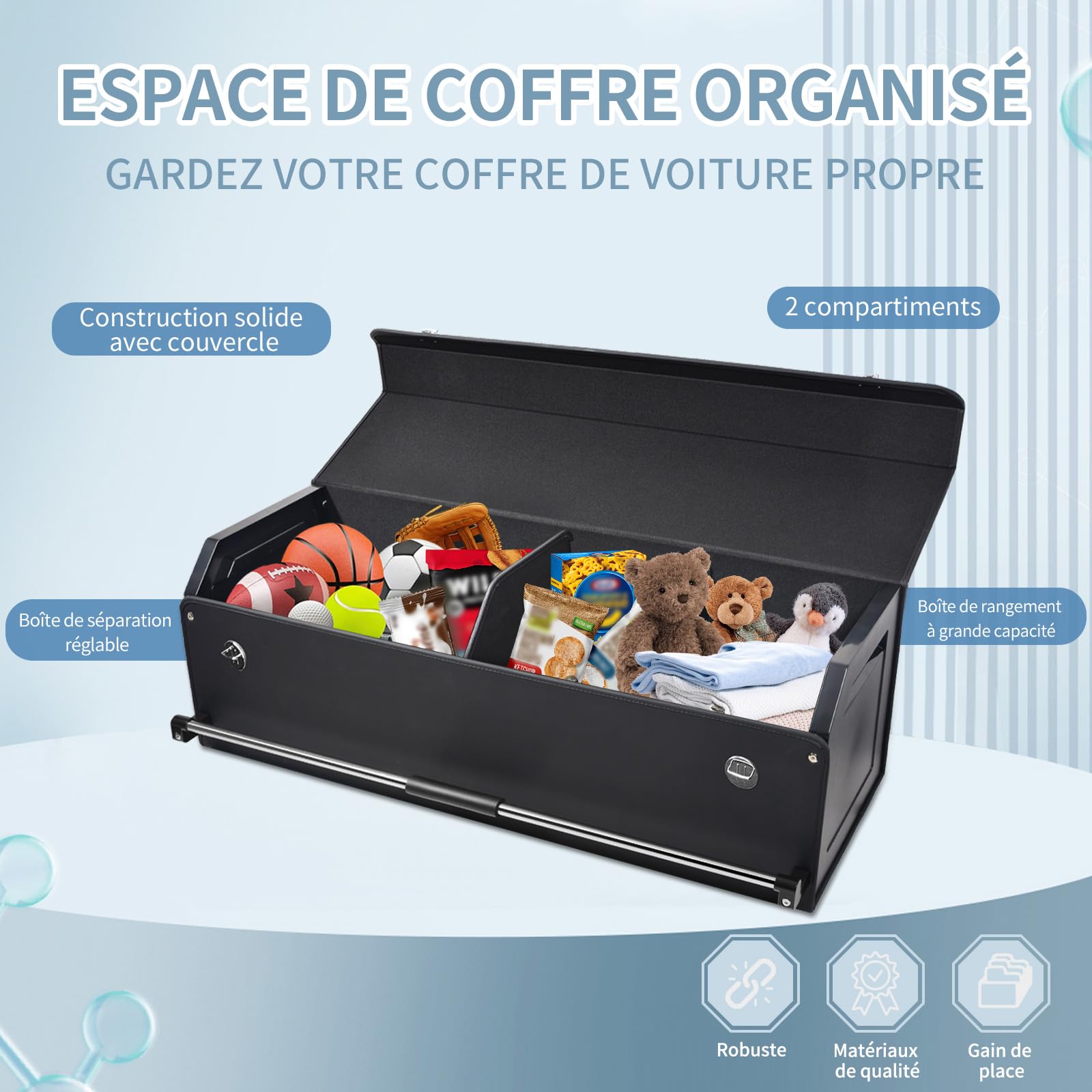 Organiseur de coffre de voiture, en cuir imperméable, avec couvercle et poignée stable, compartiment de rangement pour emballage, SUV, accessoires de voiture (Noir, XXL (101 * 29 * 31cm))