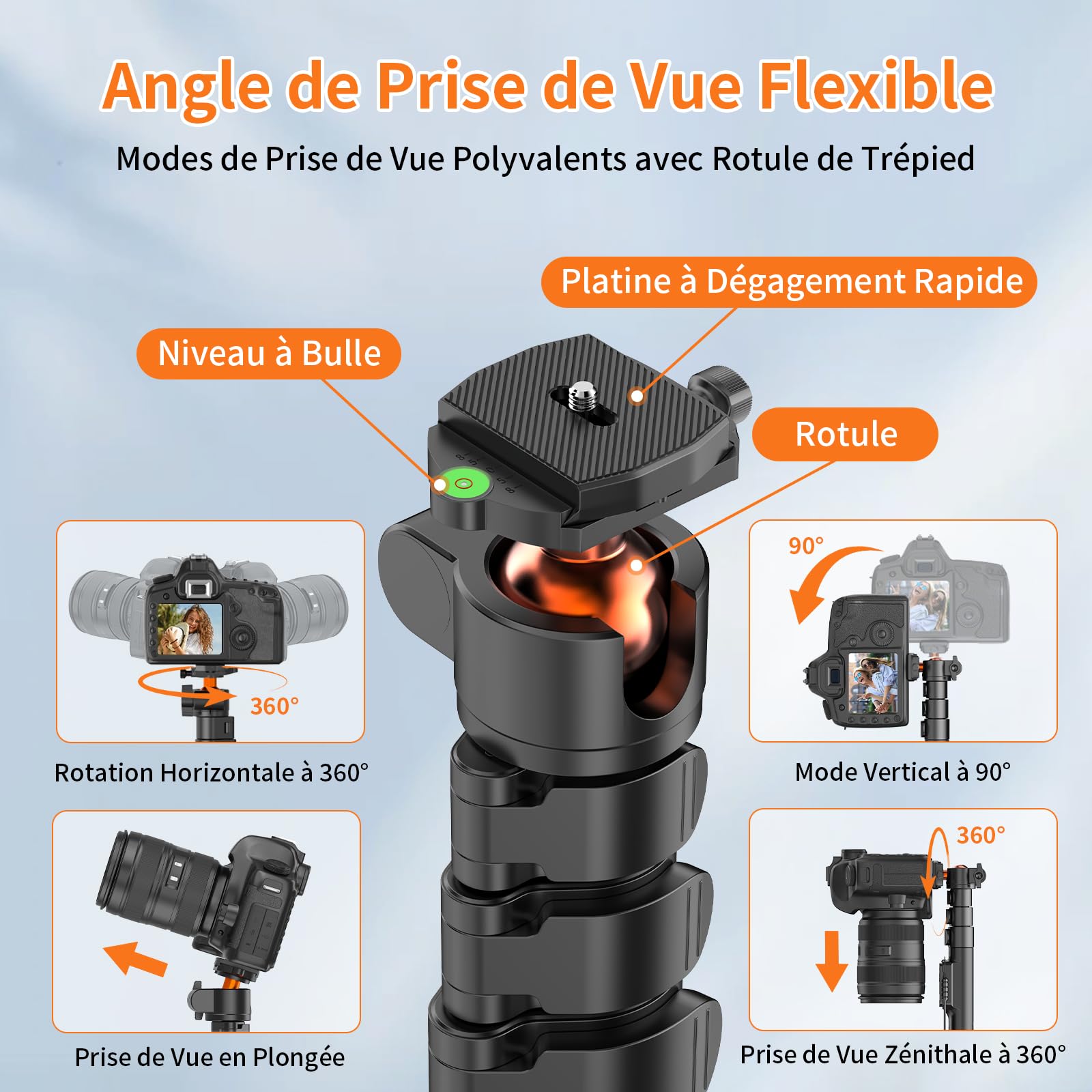 XXZU 191cm Trepied Appareil Photo, Matériel d'assemblage pour Studio Photo, Trepied Telephone Léger En Aluminium Avec Support Pour Téléphone Et Rotule À 360°, Trépied Pour Caméra/Smartphone/Projecteur