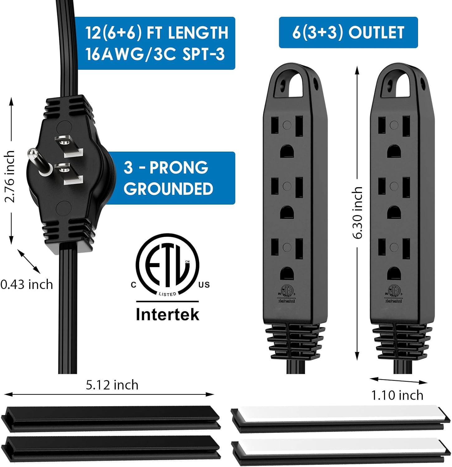 K KASONIC 3 Prong 12 Feet Twin Extension Cord Power Strip, 6 Feet on Each Side, Flat Head Outlet Plug, 6 Outlets, Double Extension Cord Splitter for Indoor Use, ETL Listed, Black