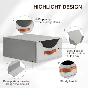 Homsorout Wardrobe Storage Organiser - Foldable Stackable Storage Drawers Box, Fabric Storage Baskets for Clothes Organization, Shelves, Bedroom, Living Room, Grey, 16 Inch. - 3 Pack