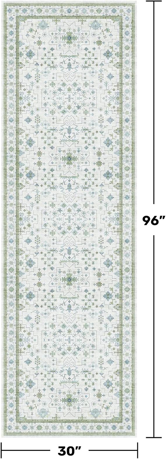 Hazo Haus Oushak Wide Hallway Runner Rug 2'6x8' - Vintage Turkish Floral, Washable Low Pile Non Slip Extra Long Runners for Kitchen, Hall Way - Cream Blue and Green