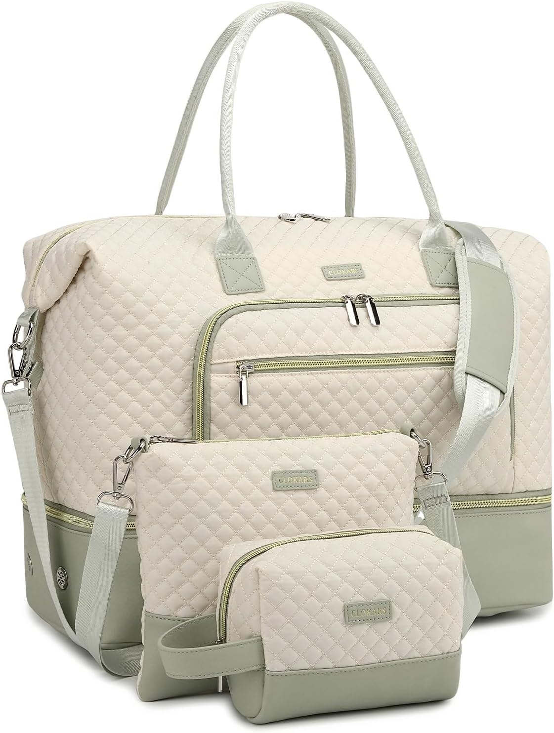 CLOKARS Weekender Bags for Women, Travel Duffle Bag Carry On Overnight Bag with Cosmetics Bag and Crossbody Purse for Gym Hospital, Gifts for Women, Beige Green