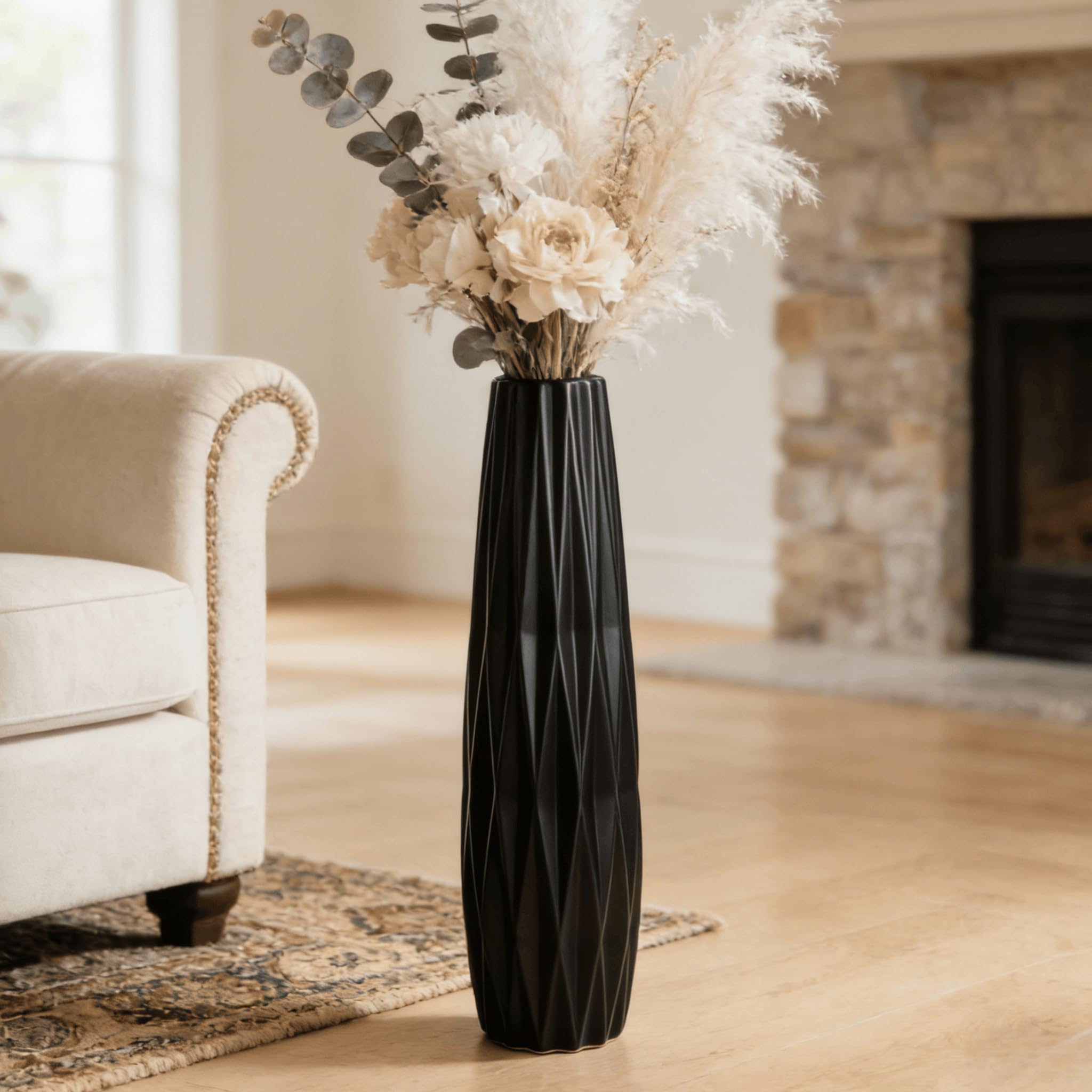 Moderne 60CM Schwarze Keramik Bodenvase,Hoch,24" Dekorative Vase für Pampasgras,Blumen und Trockenblumen,Ideal für Wohnzimmer und Büro