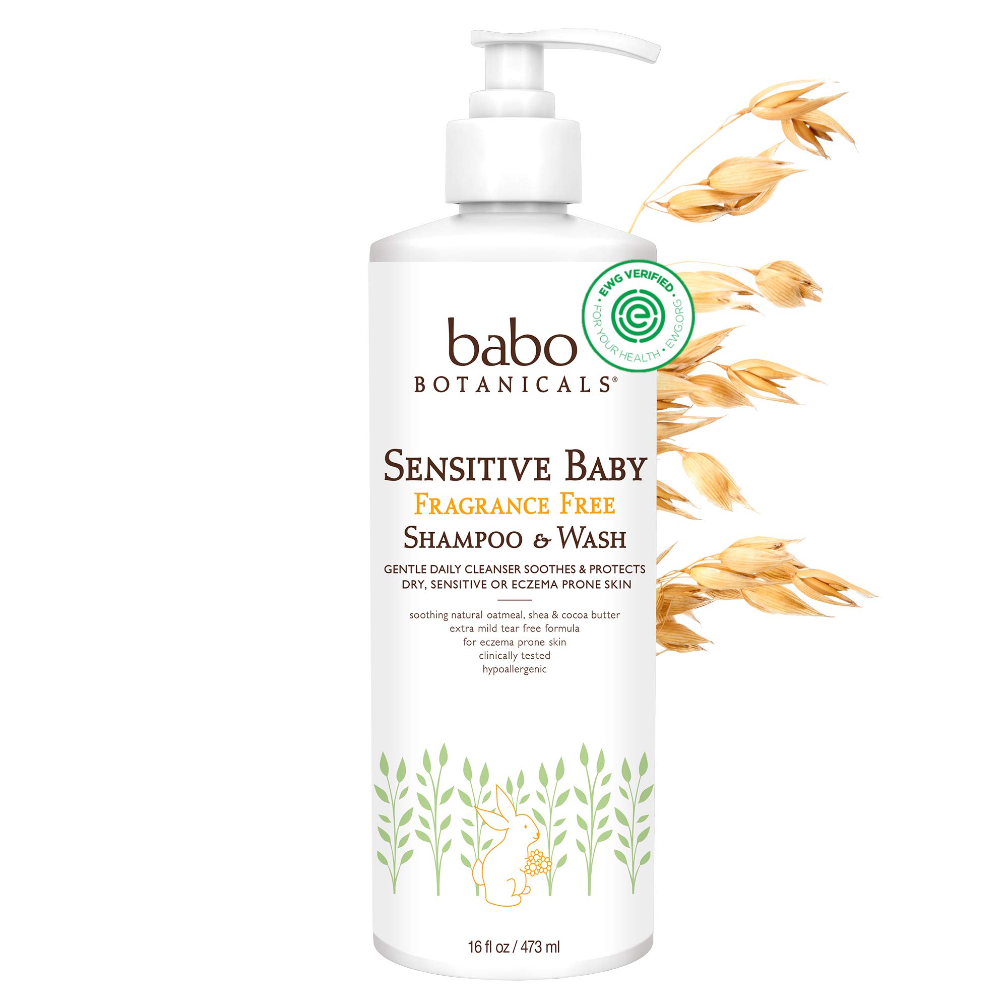 Babo Botanicals Sensitive Baby 2-in-1 Shampoo & Wash With Natural Oat Protein, Shea and Cocoa Butter, Fragrance-Free, Vegan - 16 oz.