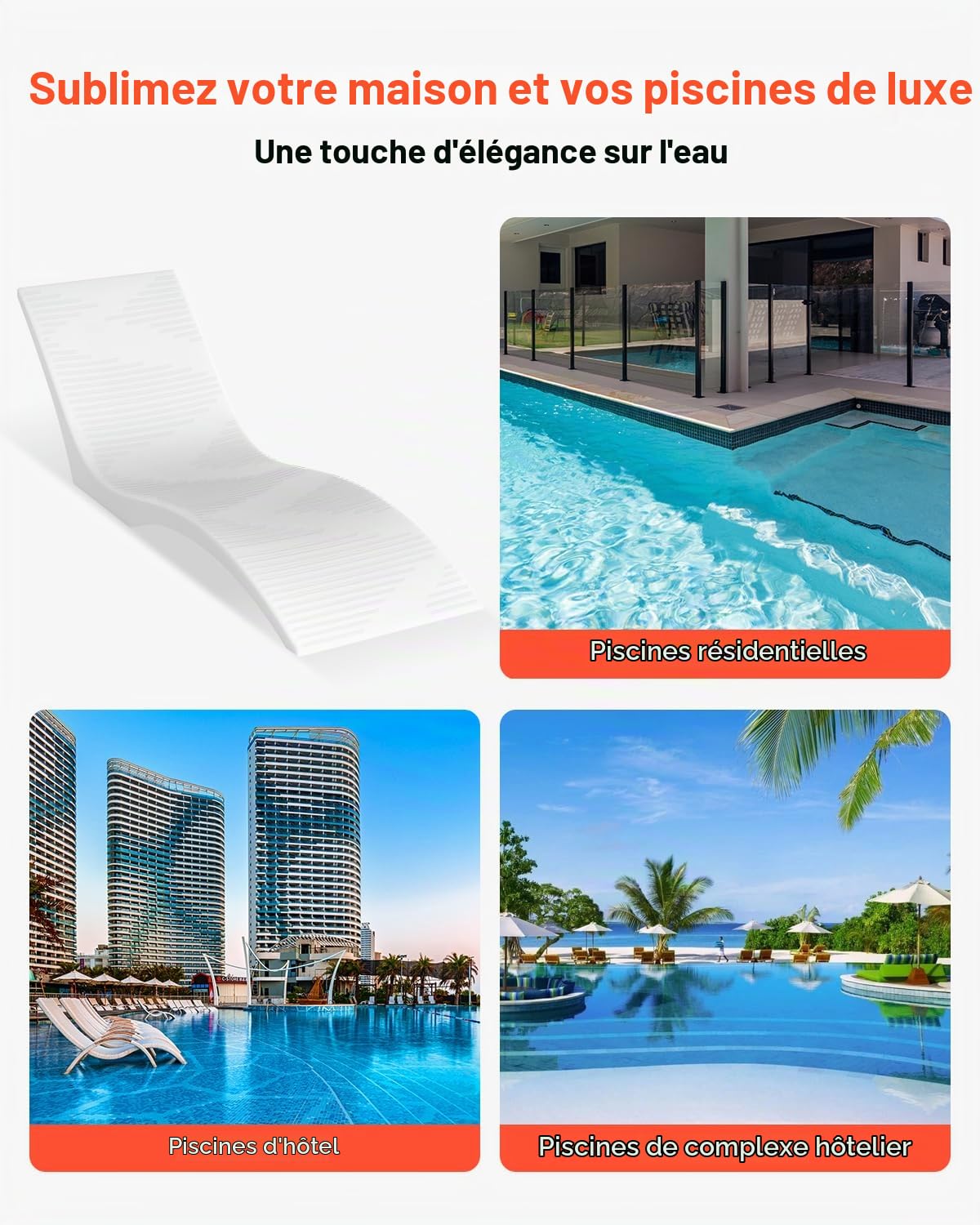 VEVOR Bain de Soleil, Lot de 2, Chaise Longue pour Profondeurs d'eau jusqu'à 12,7 cm, transat fixées dans Les piscines et flottantes sur l'eau, pour Bronzage au Bord de la Piscine et sur la terrasse