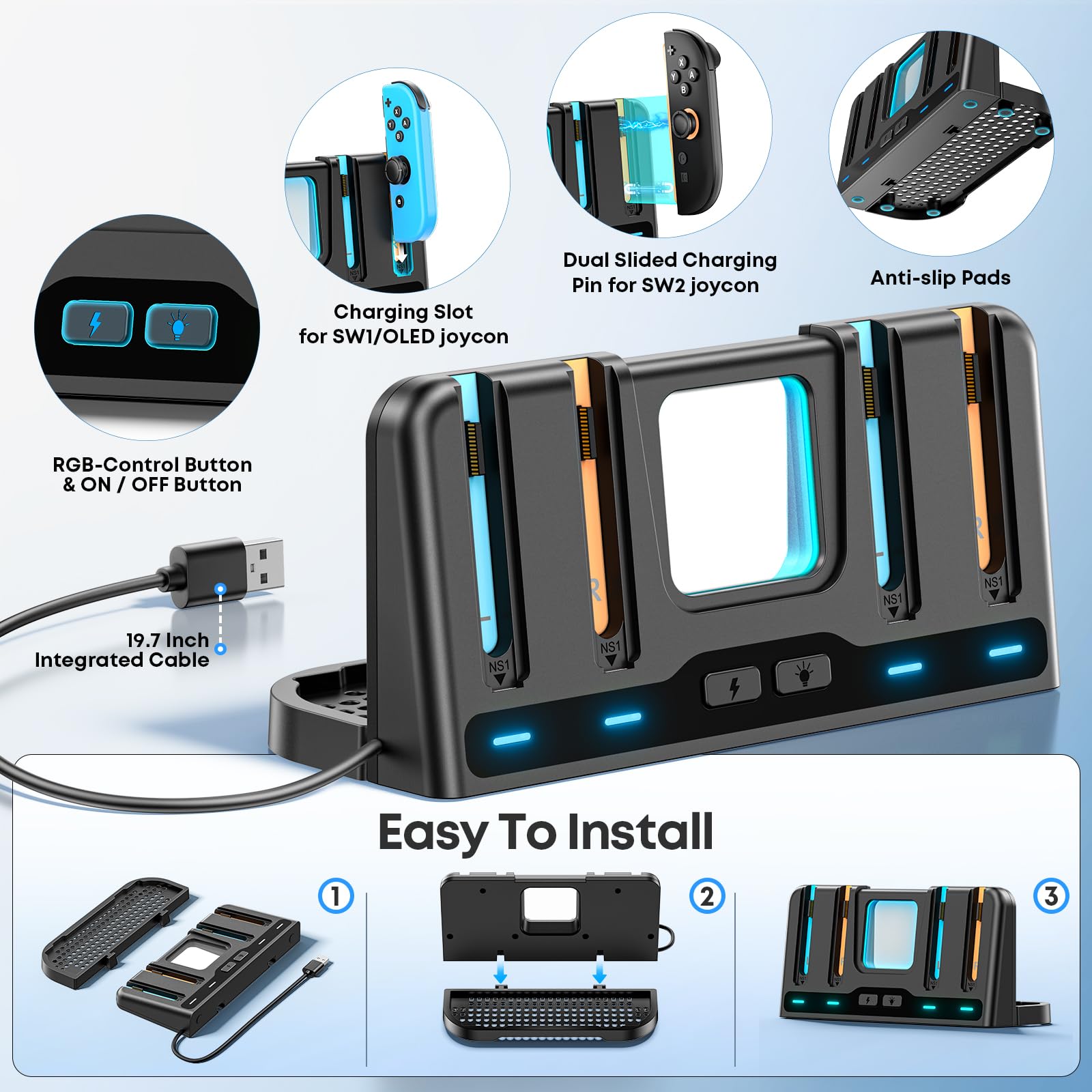 Base de Carga para Mandos Switch 2/SW/OLED, Cargador Joy-con para 4 Mandos NS, Magnética Soporte para Consola Switch, Accesorio Nintendo Switch con 9 Modos RGB & Cable de Carga