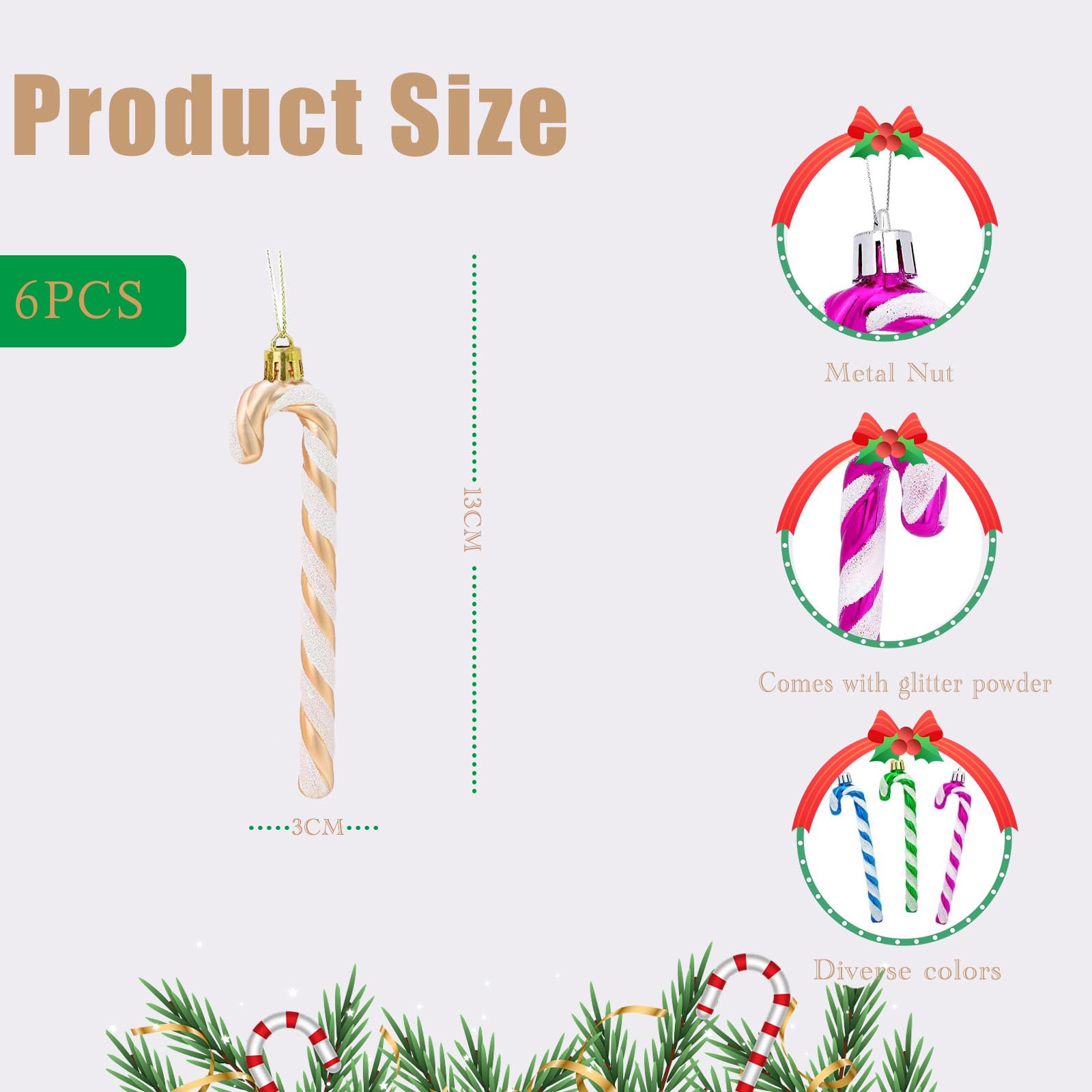 yayafunfun 6 Stück Christbaumschmuck Zuckerstangen Zuckerstangen Weihnachten Deko Weihnachtsbaumschmuck Rot, Weihnachtsbaumschmuck Zuckerstangen für Weihnachtsdekoration (Champagner)