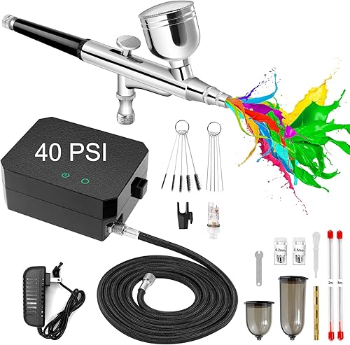 COSVII Kit de aerógrafo mejorado de 40 PSI con compresor juego de pistola de aerógrafo de doble acción de alimentación por gravedad con boquillas de
