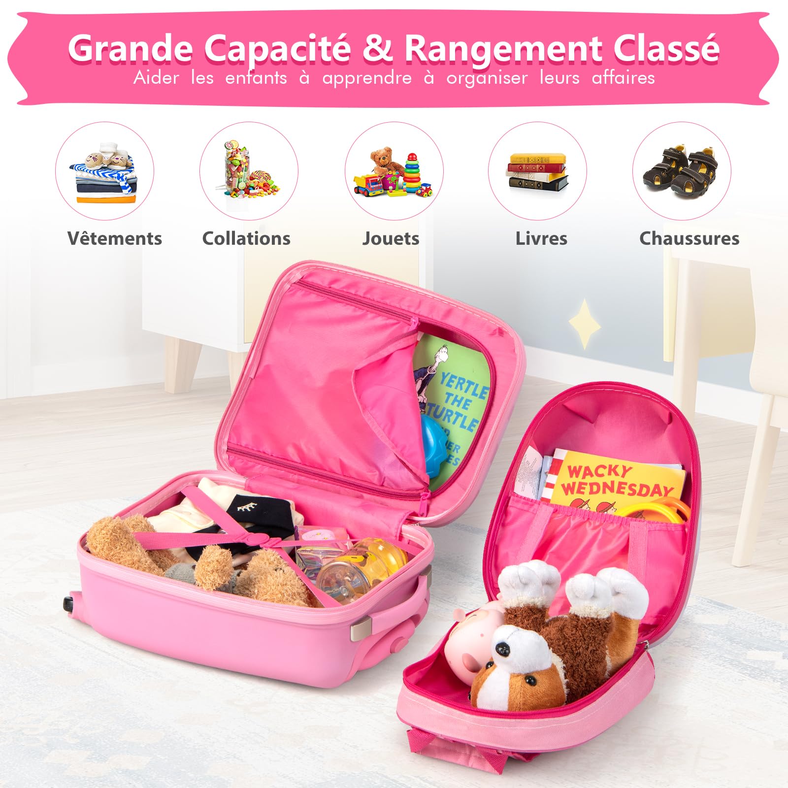 DREAMADE Valise Enfant 16" et Sac à Dos 12", Bagage à Main Rosé pour Enfants Filles, Cabine Enfant avec Motif Licorne, Valise Enfant Roulette avec 4 Roues Pivotante à 360°en Dessin(Licorne)