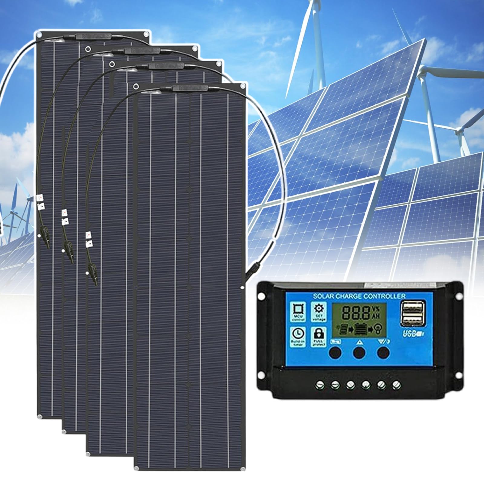 Cargador De BateríA Solar Monocristalino De 800 W Y 12 V, con Resistencia Al Agua Ip67, Controlador De Carga De 40 A, Cable De ExtensióN para Autocaravanas, Barcos Y Cabinas,Black