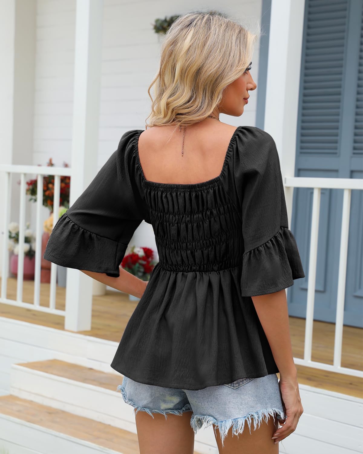 HEYTALALA Womens 3/4 Sleeve Tops Dressy Casual Square Neck Summer Peplum Blouses Ruffle Sleeve Babydoll Shirts 2025 Trendy - Image 6