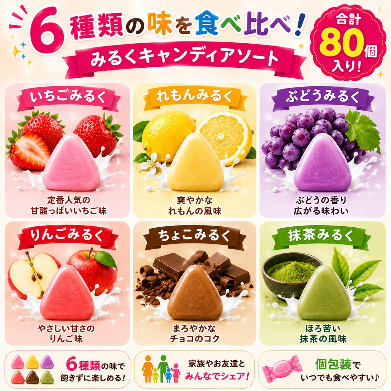 Amazon.co.jp: みるくキャンディ 6種各1袋計6袋 約80個 アソート