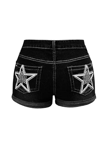 MakeMeChic Women's Y2K Summer Star Print Drop Low Rise Denim Shorts Jeans - X-Large - Black