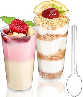 TOFLEN 50 Pack 3 oz Round Mini Dessert Cups with Spoons Clear Plastic Dessert Shooter Cups for for Party, Yogurt, Parfait, Cheesecake, Pudding, Jello and Appetizers