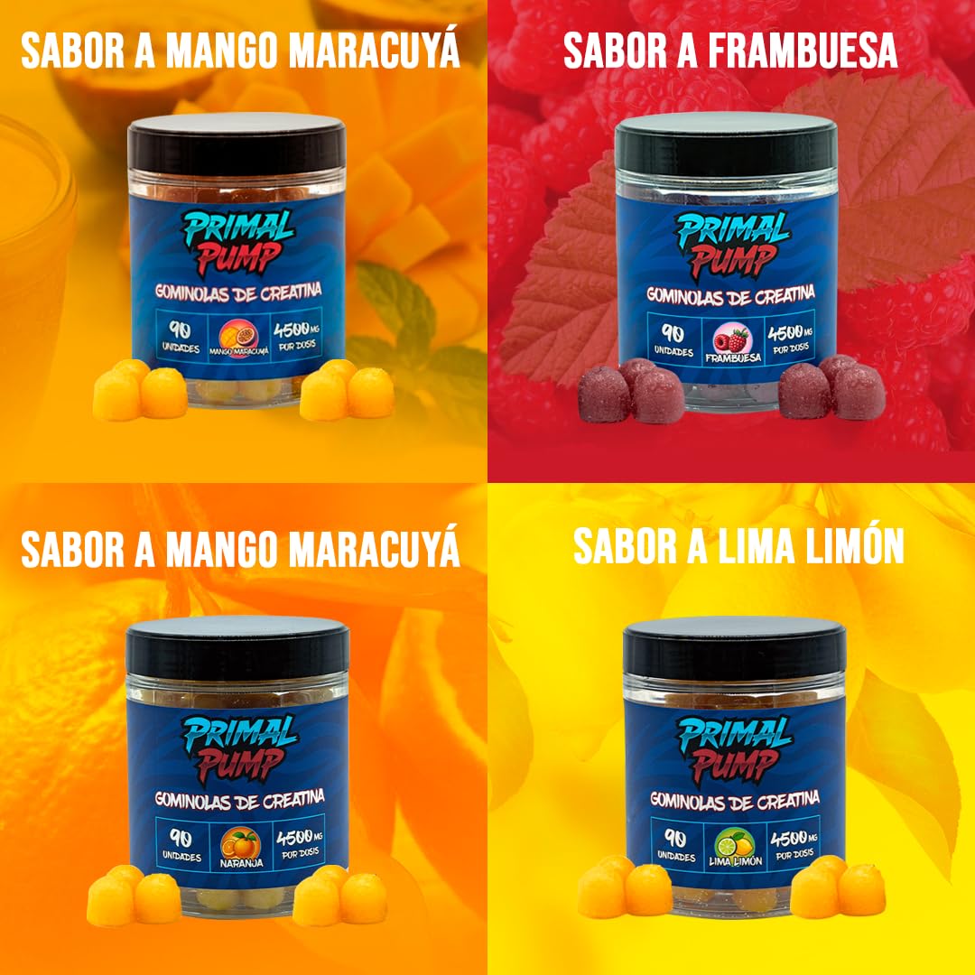 Pack 4 Sabores Frambuesa, Lima Limin, Naranja & Mango Maracuyá | Gominolas de Creatina Monohidratada 4.5g | Rendimiento, Energía, Sabor en Cada Dosis | Sin Azúcar, Vegano, Sin Gluten