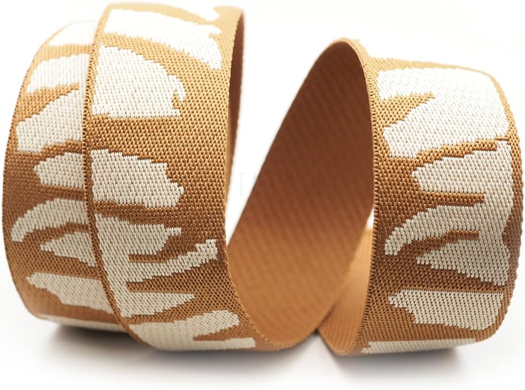 CRAFTMEMORE 1.5 Inches Cotton Poly Webbing Strap, Nature Leaf Pattern Heavy Webbing for Arts and Crafts, Bag Strap (Brown Ivory x 50 Yards)