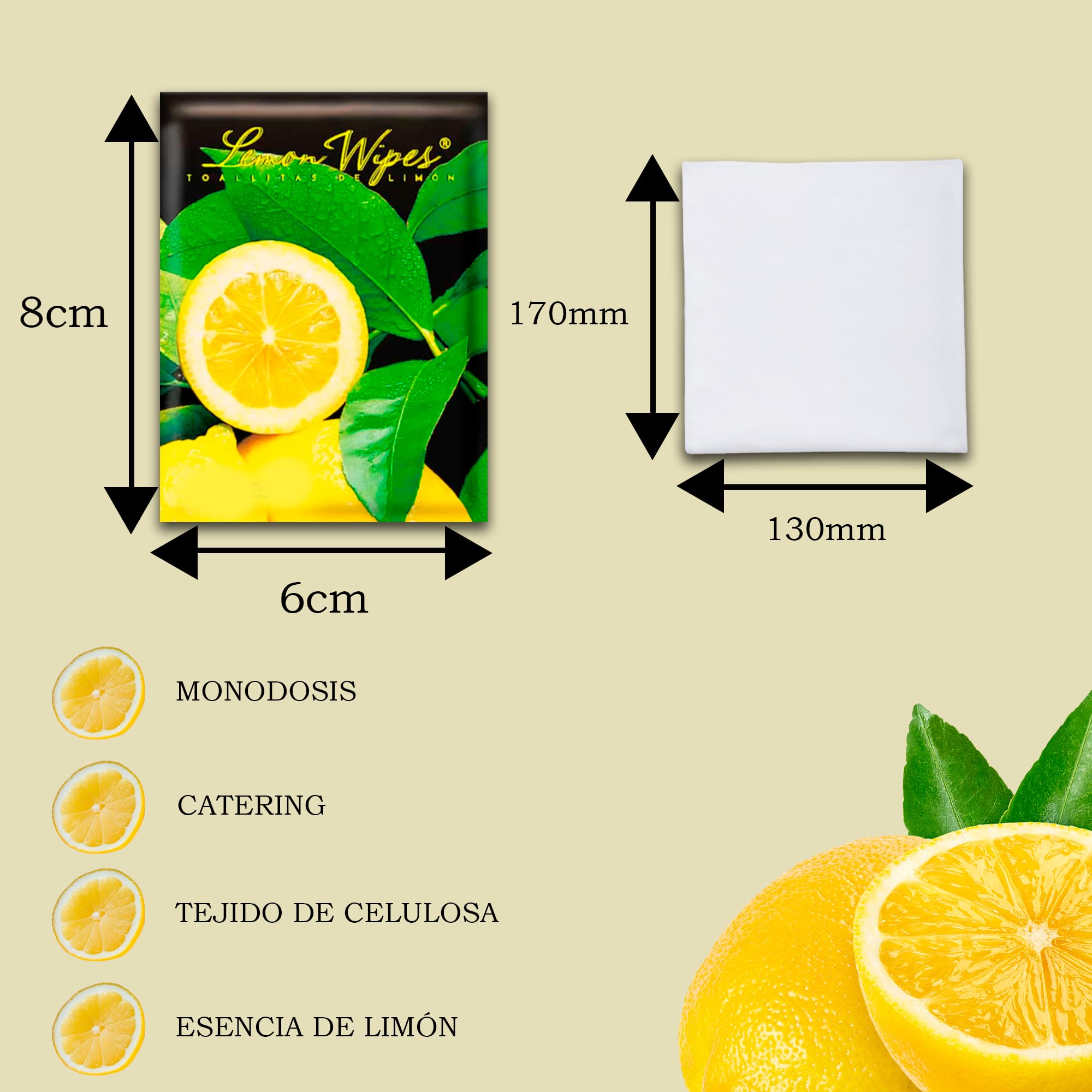 Pack 100 Toallitas limón para manos - Toallitas elimina olores de Marisco, Pescado, Carne y Suciedad - Sobres individuales - Húmedas y con fragancia a limón -Uso Dómestico u Hostelería