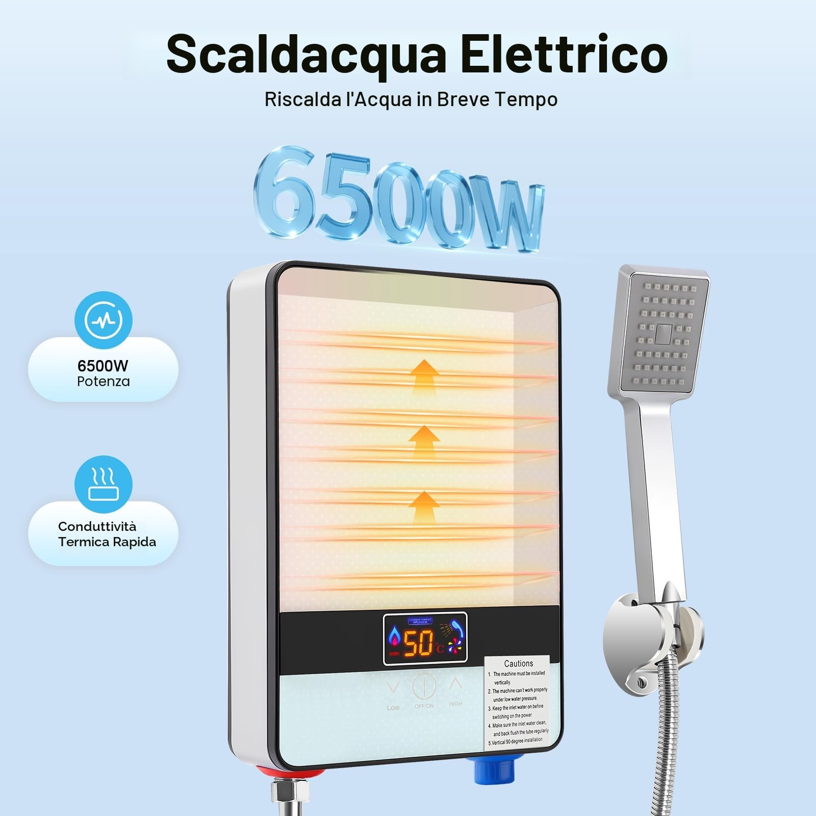 Scaldacqua istantanea doccia, scaldacqua elettrico istantaneo, 6500 W Tankless acqua calda istantanea bagno doccia, bagno scaldabagno elettrico 0-55 ℃, 29 × 19 × 6,5 cm