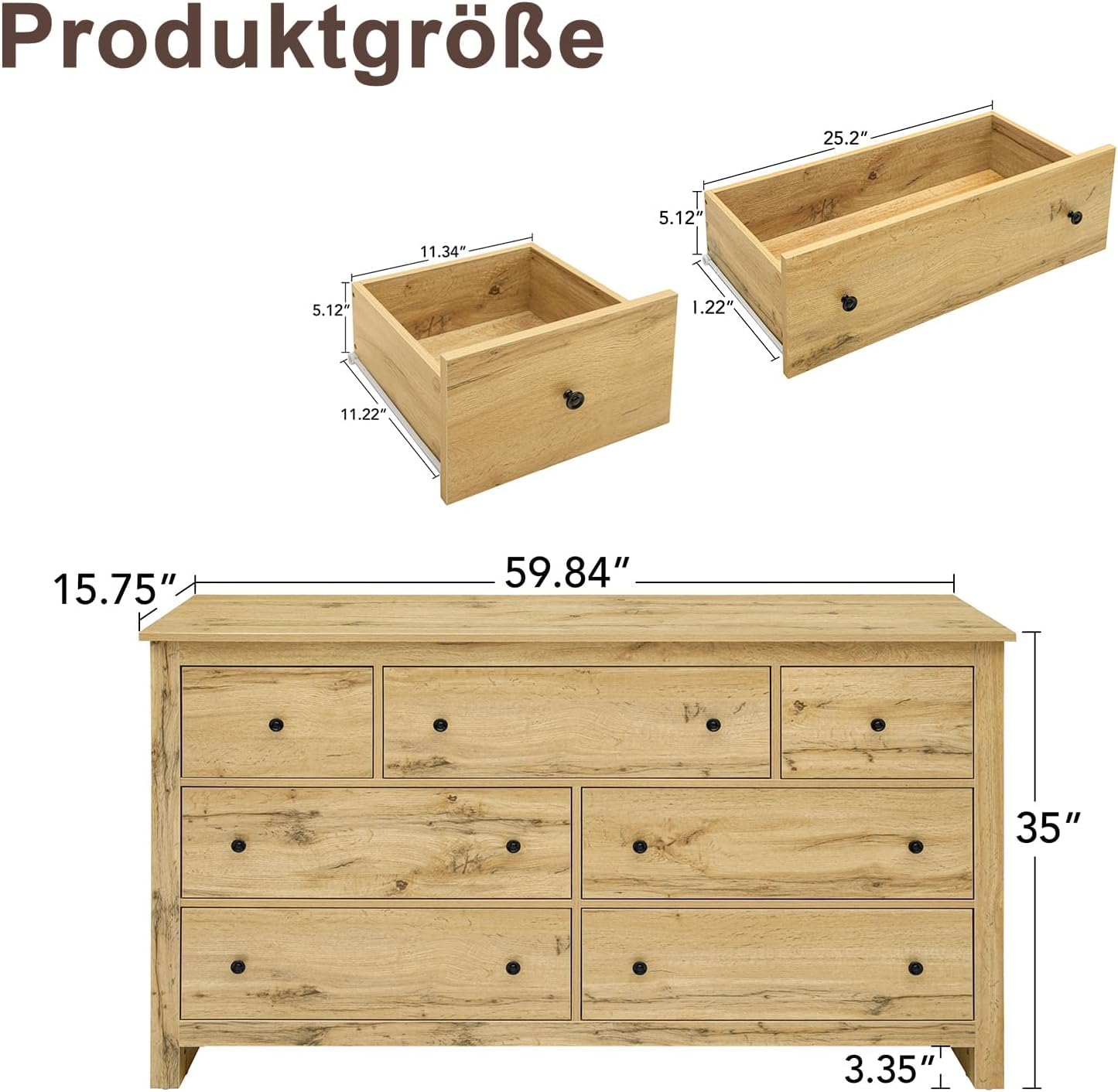 Cassettiera 7 Cassetti, 152 cm Larghezza, Cassettiera Legno, Madia Soggiorno, Madia Ingresso Per Camera da Letto, Soggiorno, Cucina, 40P x 152L x 89H cm