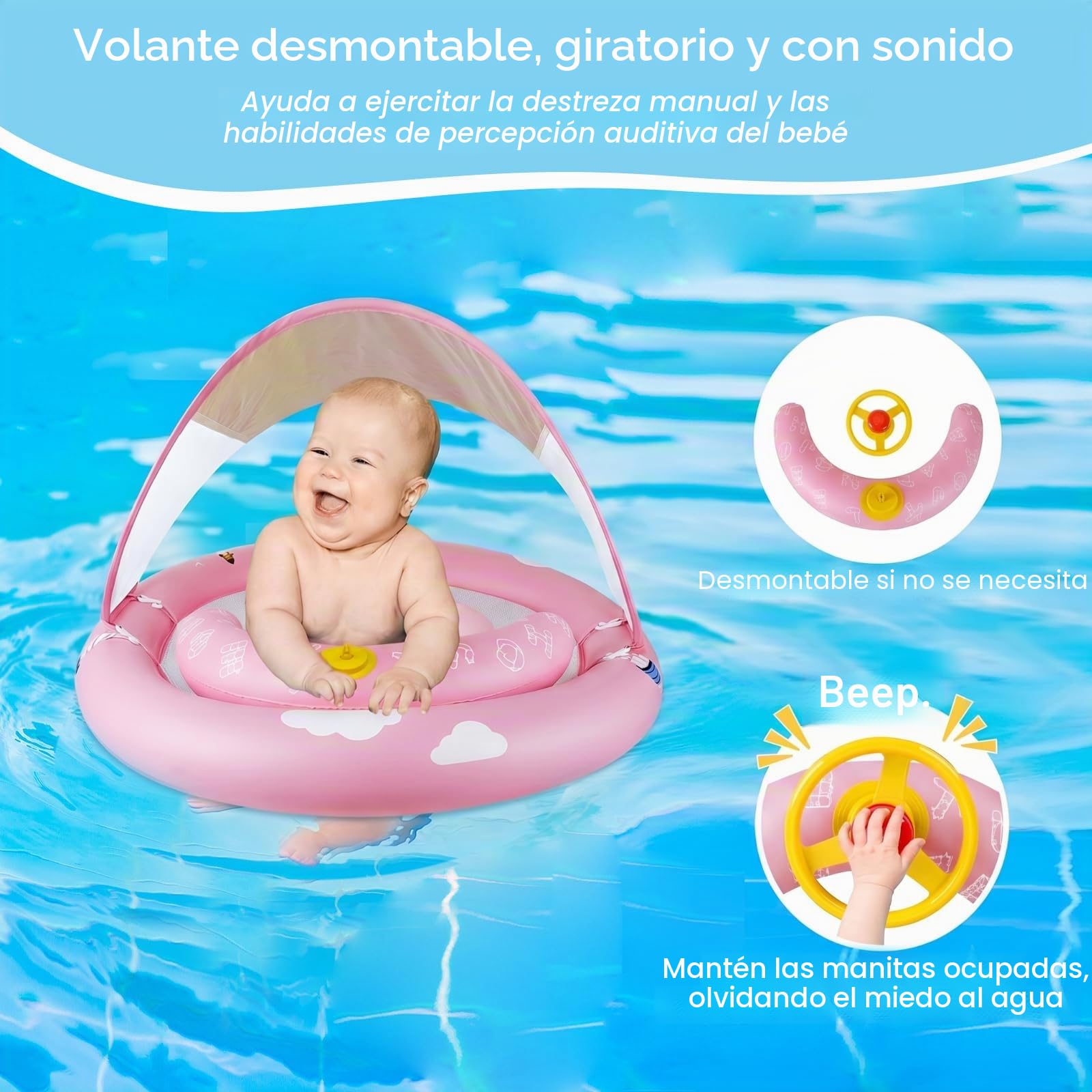 MYCARBON Flotador Bebe para 6 a 30 Meses con Asiento Ajustable Flotador Bebe con Sombrilla UPF50+ con Dos Airbags Bomba de Aire para Niños de 7 a 14 kg