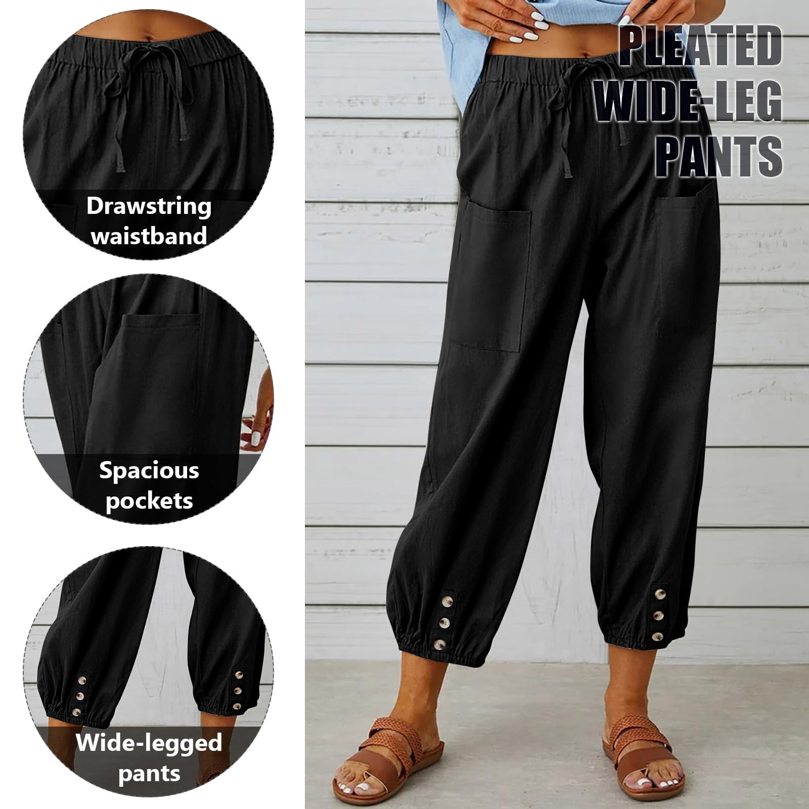 Pantalones Mujer Verano 7/8 Algodón Harem Cintura Elástica Ligeros Playa