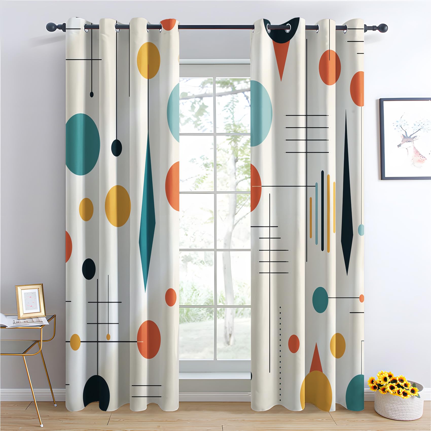 Mid Century Modern Vorhänge, Geometrisch Verdunklungsvorhänge mit Ösen, Vorhang Blickdicht für Wohnzimmer Schlafzimmer Dekoration, Gardinen mit Muster, 2er Set, 145 x 140 cm (HöhexBreite)