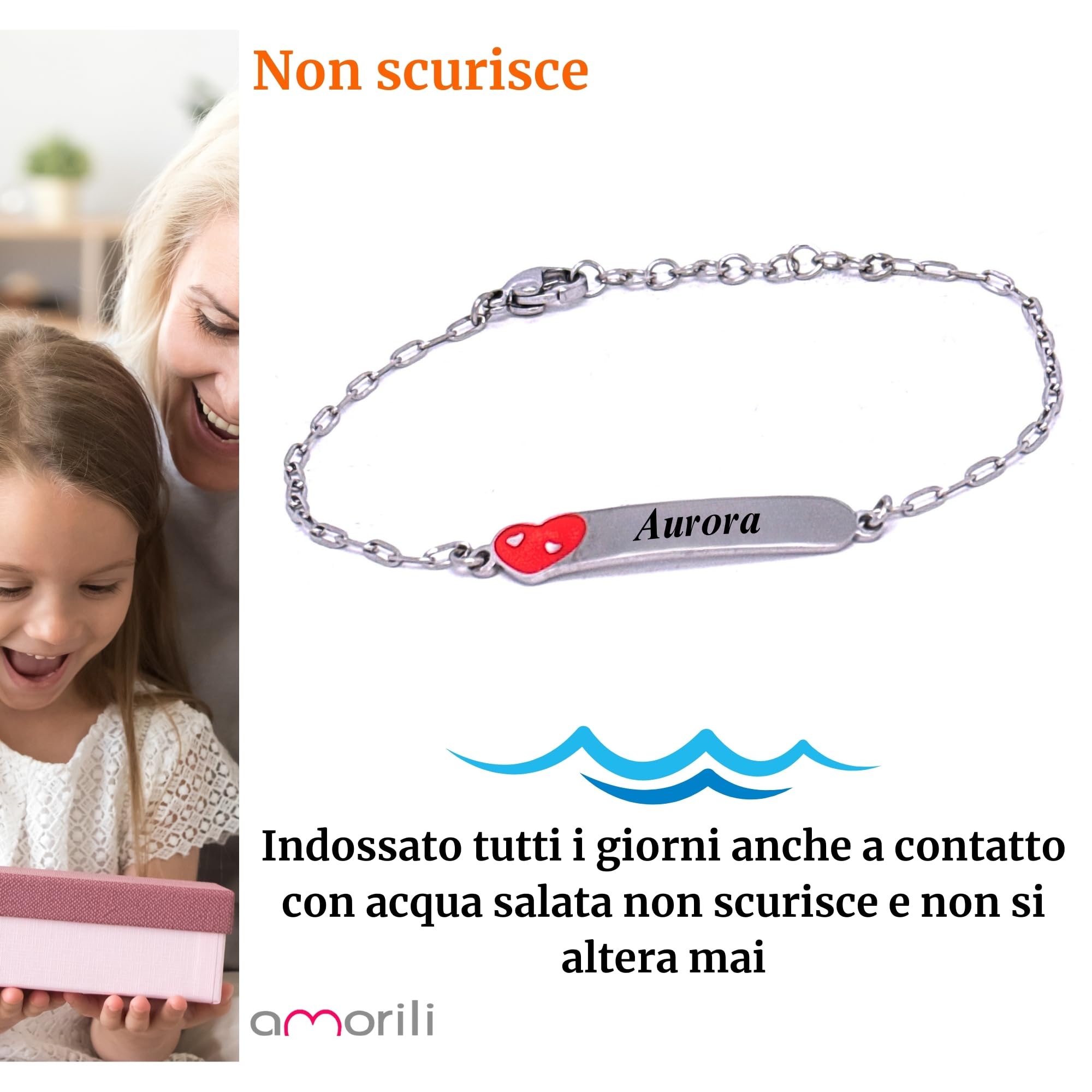 amorili Bracciale Bambina Personalizzato con Nome - Cuore in Acciaio Inox Anallergico - Regalo Bimba per Compleanno, Battesimo, Comunione - Gioiello con Incisione Gratuita bcc3111