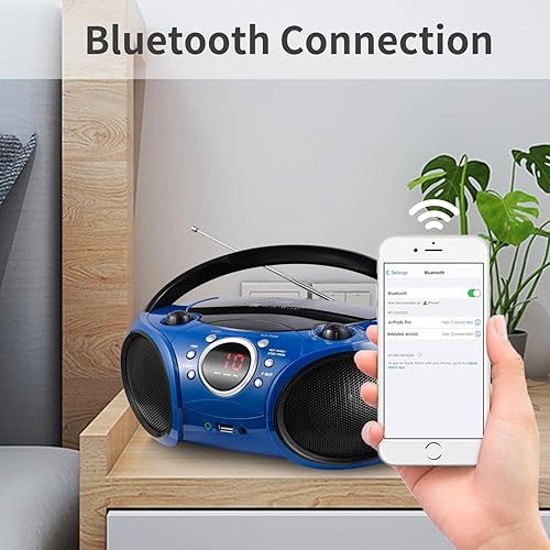 Miniatura 10 de SINGING WOOD 030B - Reproductor de CD portátil con Bluetooth para radio estéreo AM FM en el hogar, línea auxiliar, conector para auriculares, CA