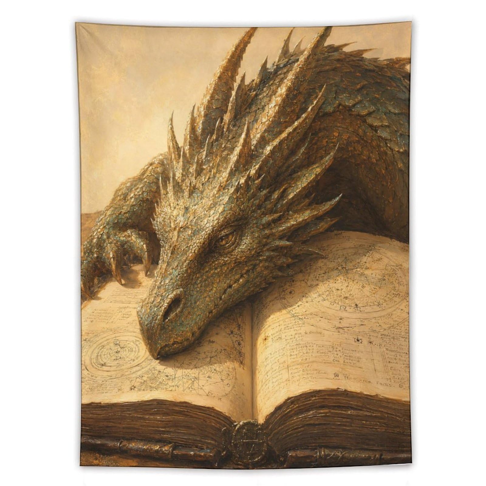 W7C8U2X3 Golden Dragon Sleeping on Book Wall Tapestry, Fantasy Creature
