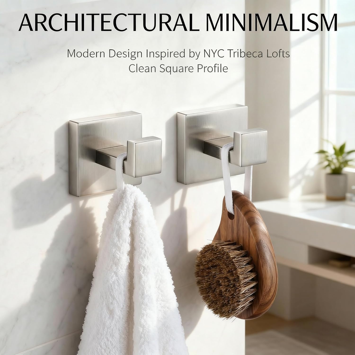 Brushed Nickel Hand Towel Hook 4-Pack, Geometric Series - Stainless Steel Towel Hooks for Bathrooms, Modern Wall Mount Bath Towel Holder with Industrial SUS304 Core