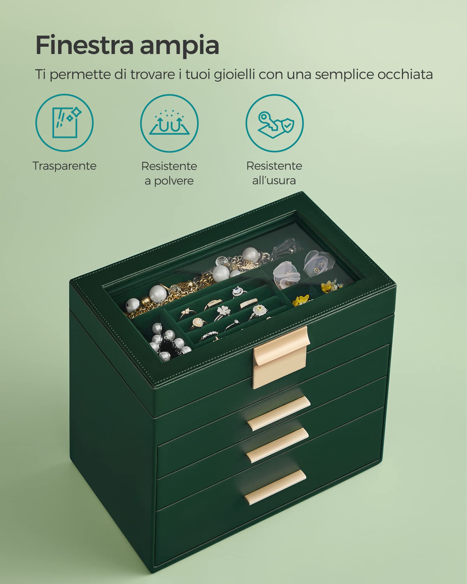 SONGMICS Scatola Portagioie, 4 Livelli, Coperchio in Vetro, 3 Cassetti, Porta Gioielli, Occhiali da Sole e Accessori Grandi, Moderno, Verde Foresta e Dorato JBC161G01