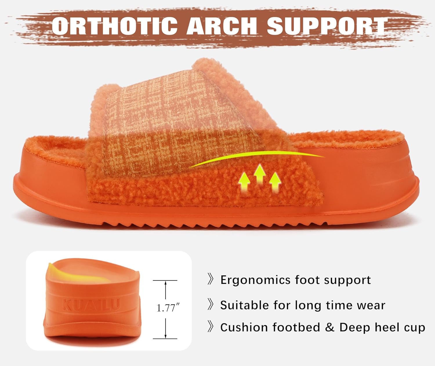 KuaiLu Cushion Slippers For Women with Orthotic Arch Support Wide Adjustable Open Toe Flatform Furry Fur Sandals Warm Teddy Fleece Recovery Slides Slip On House Shoes Indoor Outdoor, Orange US8 - Image 4