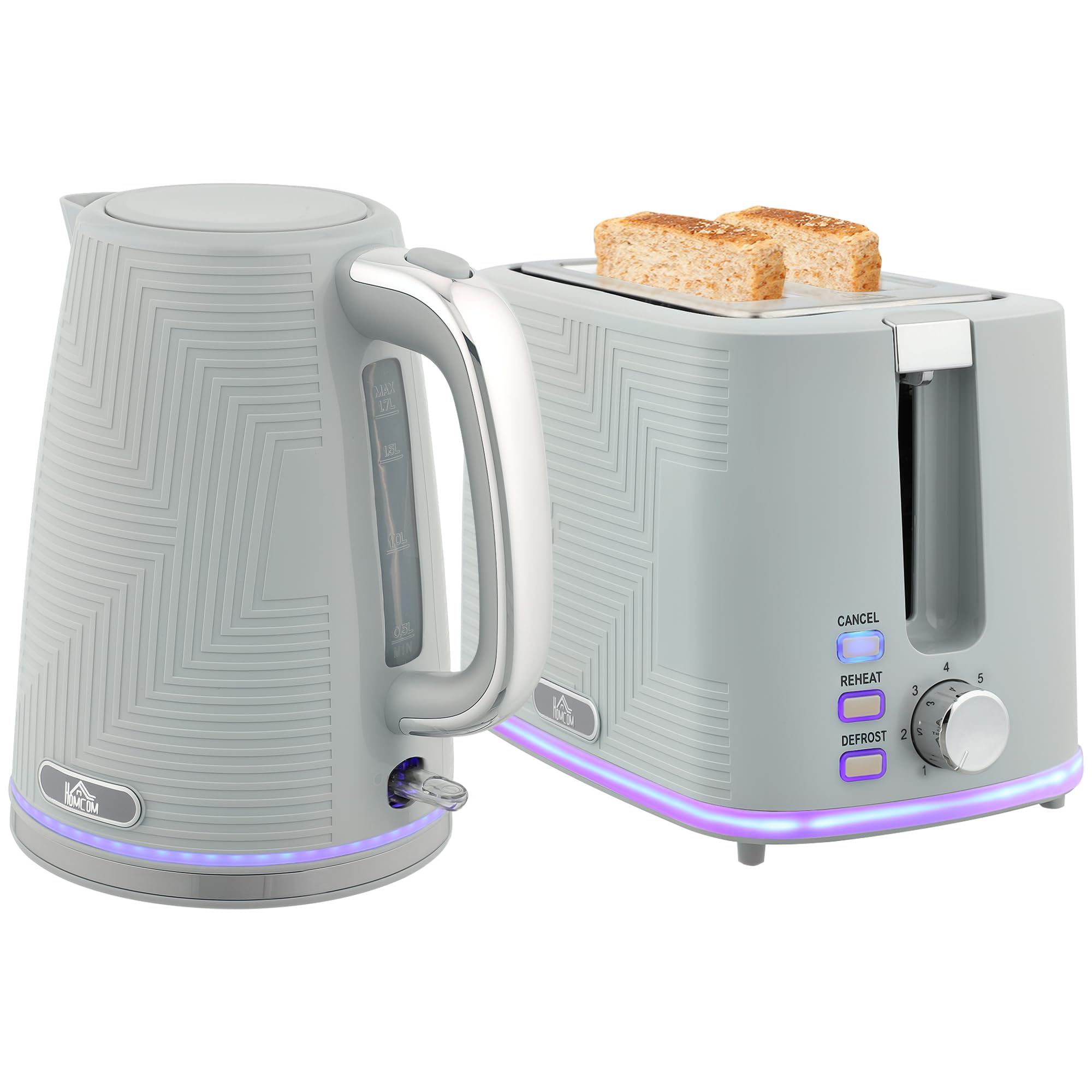 HOMCOM Grey 1.7L Kettle and 2 Slice Toaster Set - Rapid Boil