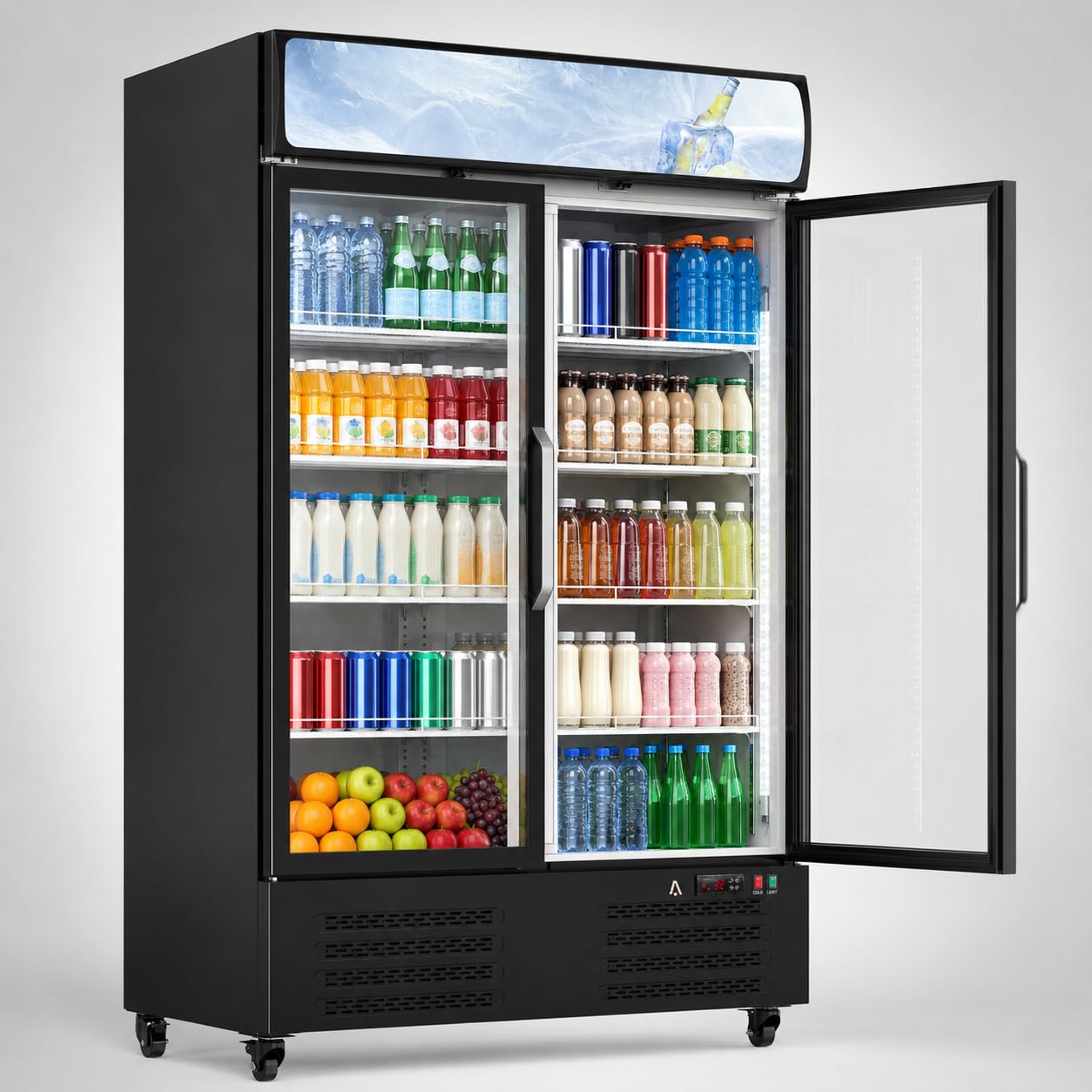 Commercial Beverage Refrigerator, Upright Beverage Display Refrigerator with Double Glass Door and Adjustable Shelves, Refrigerated Beverage Cooler for Restaurants, Bars, Shops