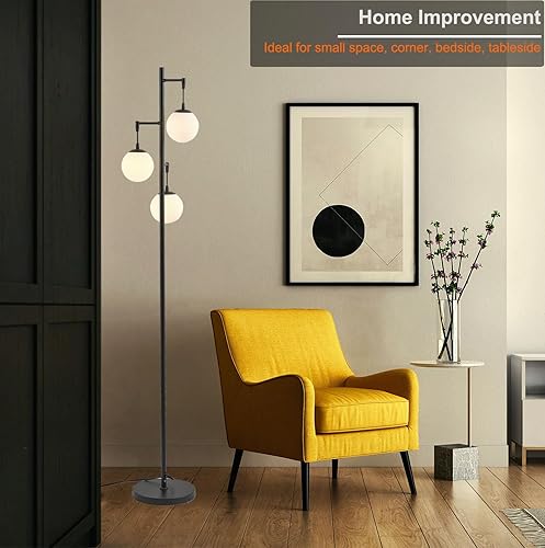 Miniatura 6 de Fiqevs Modernas lámparas de pie negras para sala de estar, lámpara de pie de globo de cristal con 3 elegantes cabezas de lágrima y bombillas LED de
